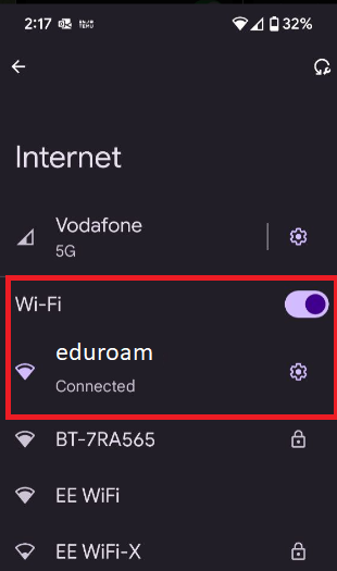 Android settings selecting eduroam