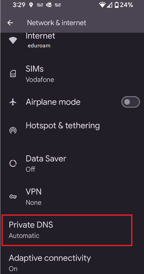 Android settings selecting automatic DNS
