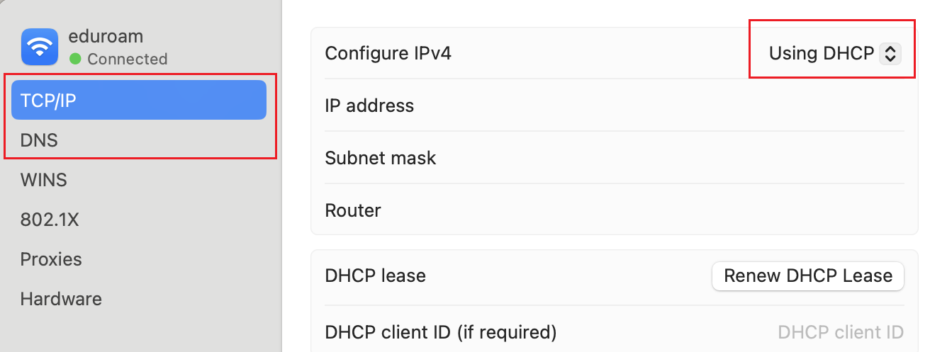 macOS Using DHCP menu