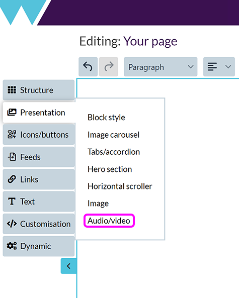 The Components Editor 'Add images/media' menu, with the 'Audio/video' option highlighted