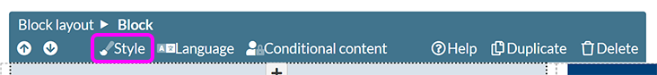 A selected layout block displaying its toolbar, with the 'Style' option highlighted