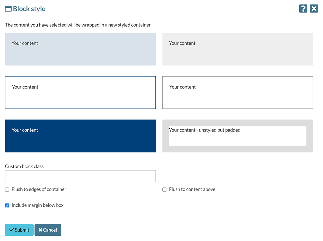 The 'Block style' pop-up showing the available style options