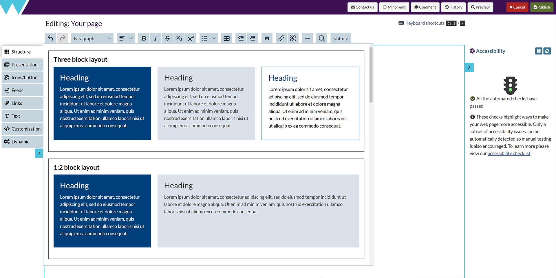 The Components Editor screen, with the 'Structure' menu open