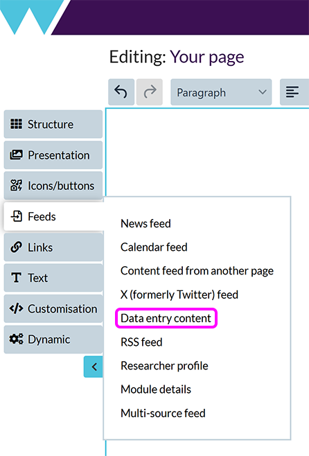 The 'Add content feeds' menu, with the 'Data entry content' option highlighted