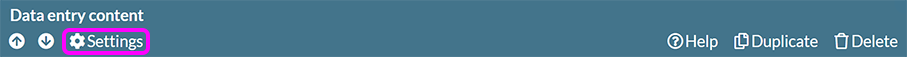 The component toolbar for a data entry feed, with the 'Settings' option highlighted