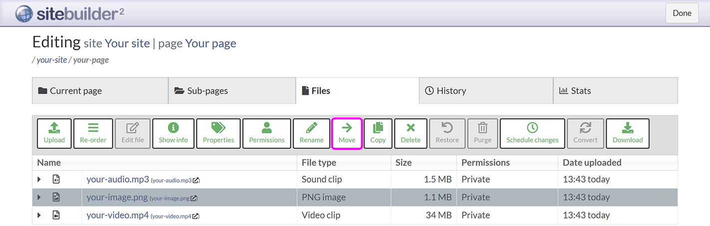 The 'Files' tab in SiteBuilder, with a file selected and the 'move' button highlighted