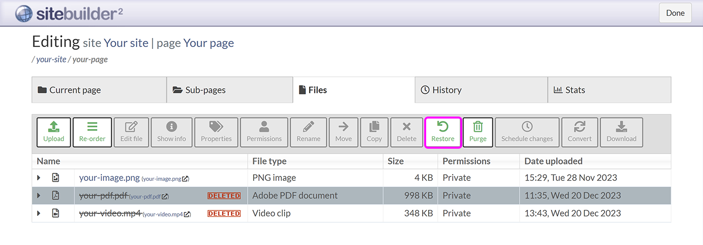 The 'Sub-pages' tab in SiteBuilder, with a deleted page selected
