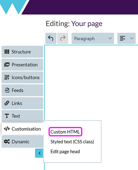The 'Add special features' menu, with the 'Custom HTML' option highlighted