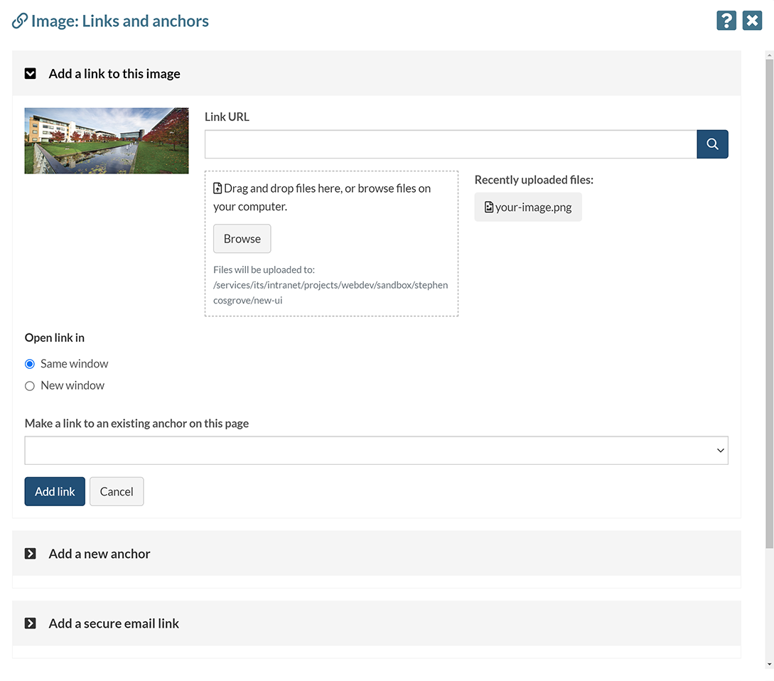 The 'Image: links and anchors' pop-up