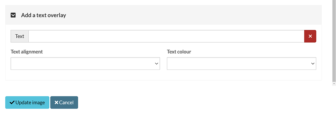 The 'Text overlay' section of the image component pop-up