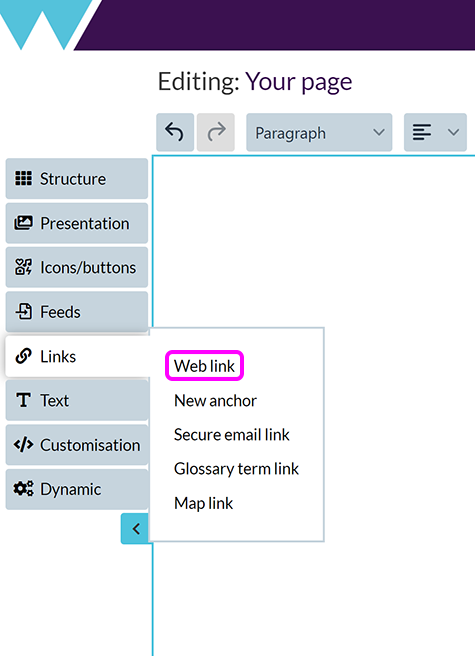The SiteBuilder left menu, with the 'Web link' option highlighted