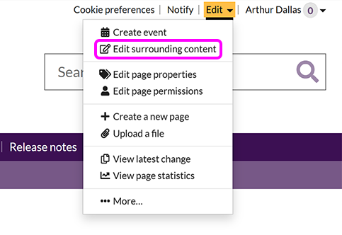 The SiteBuilder 'Edit' menu, with the 'Edit surrounding content' option highlighted