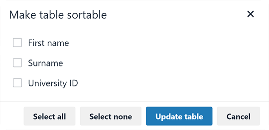 The 'Make table sortable' pop-up