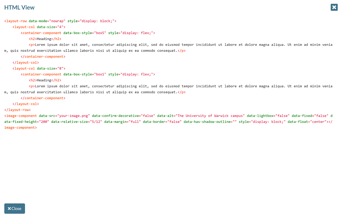 The 'View HTML' pop-up