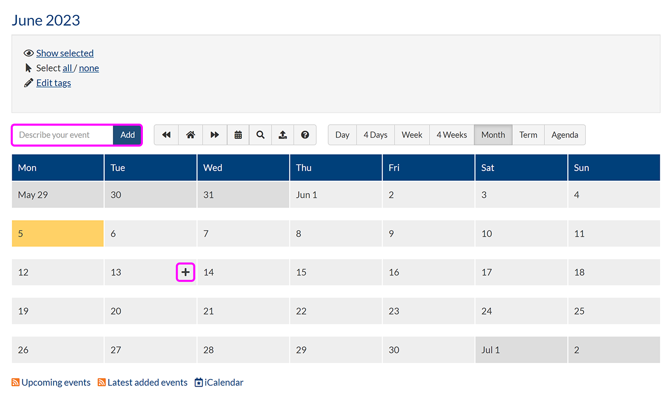 A calendar page in Month view, with the buttons to create a new event highlighted