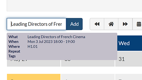 The popup showing details for an event being created using quick add