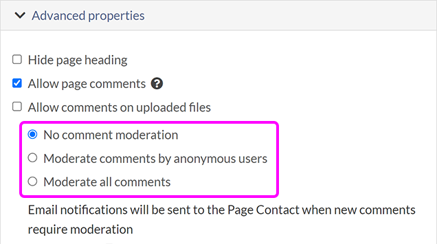 The options to specify level of moderation for comments