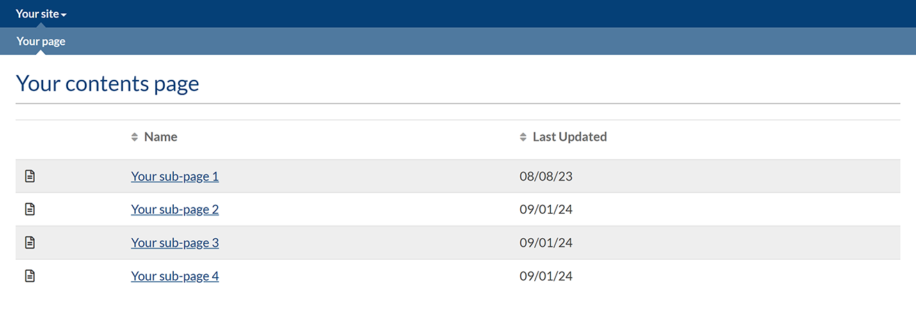 An example Contents list page