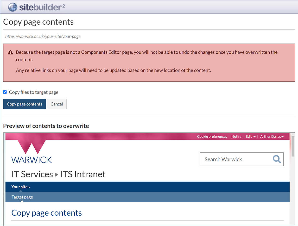The 'Copy page contents' screen when the target is an old visual editor page