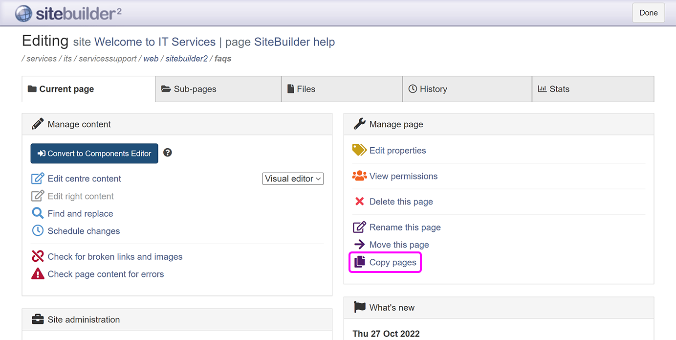 The page Editing screen with the 'Copy pages' option highlighted