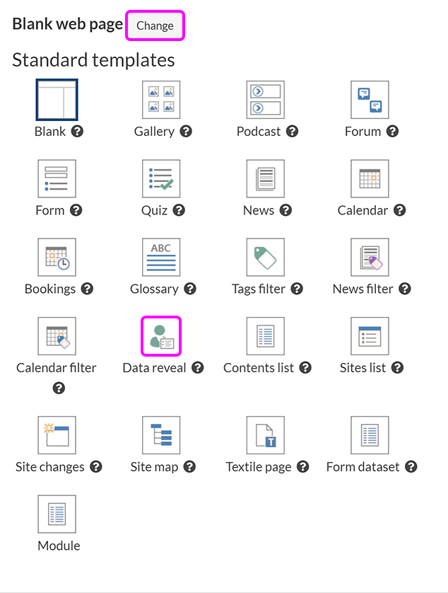 The 'Create new page' screen, with the option to create a Data reveal page highlighted