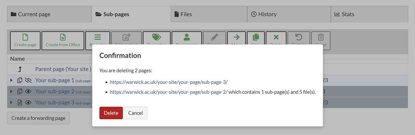The confirmation pop-up to delete the selected pages