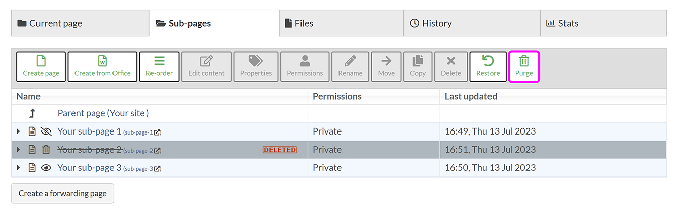 The 'Sub-pages' screen, with pages to be purged selected, and the 'Purge' button highlighted