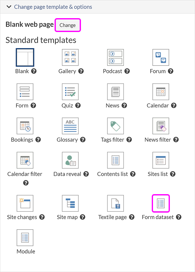 The 'Create new page' screen, with the option to create a Form dataset page highlighted