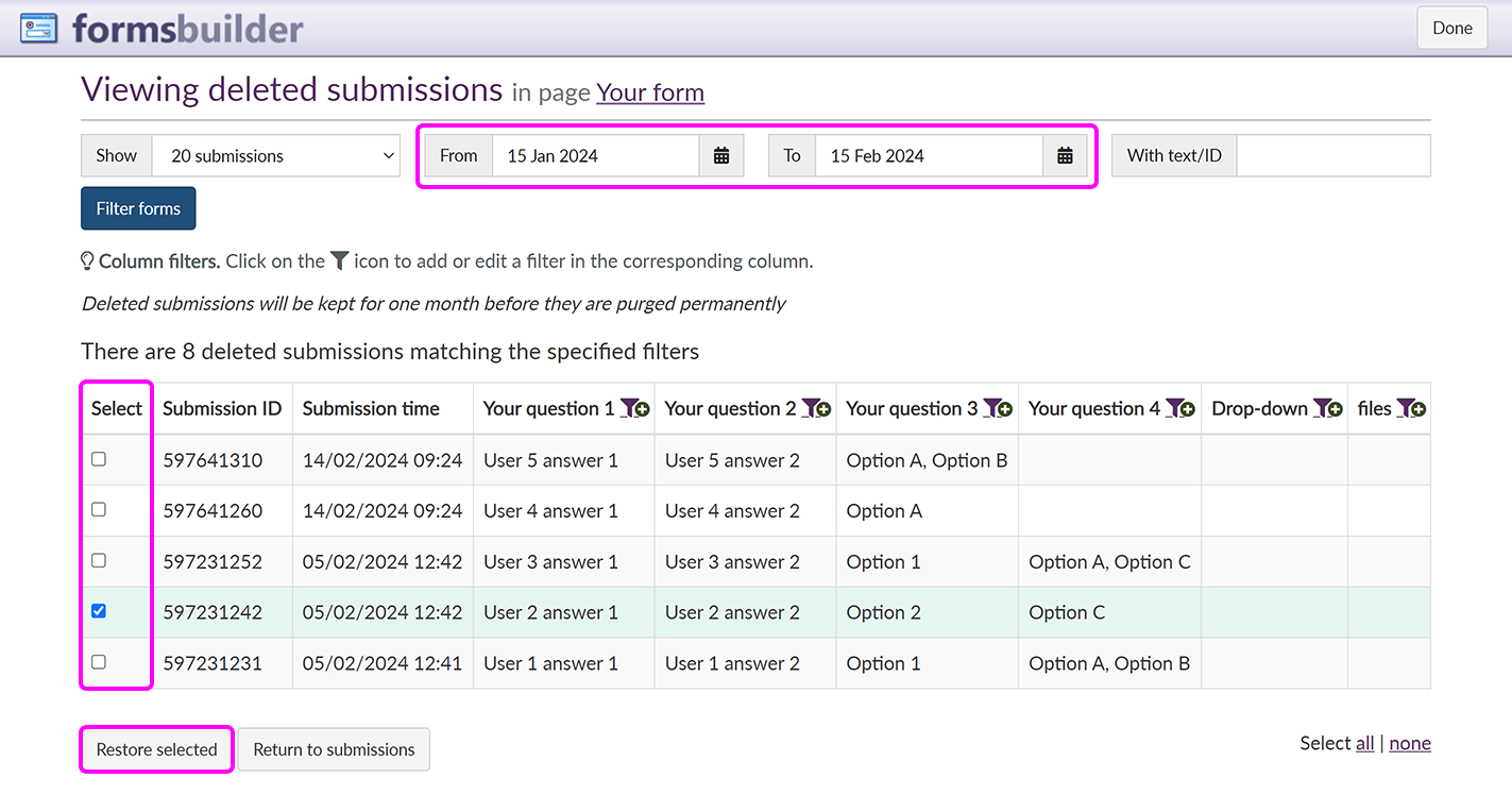 The 'Viewing deleted submissions' screen, with the date pickers, 'Select' checkboxes and 'Restore selected' button highlighted