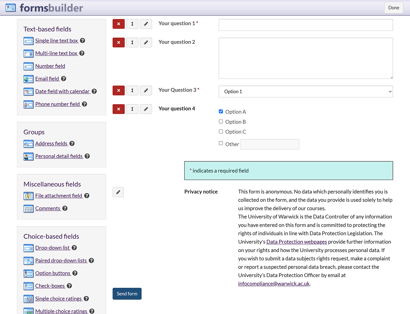 The Forms editing screen
