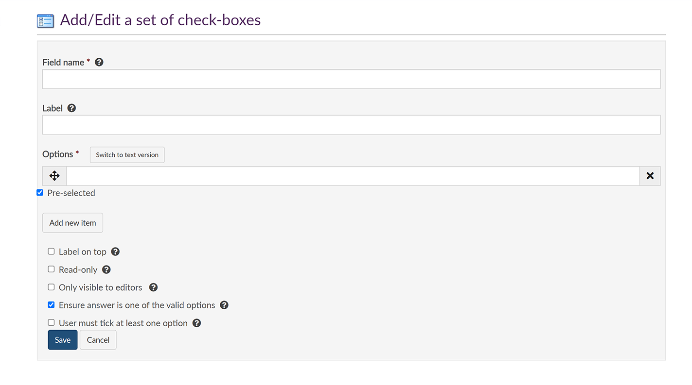 The 'Add/Edit a set of check-boxes' screen