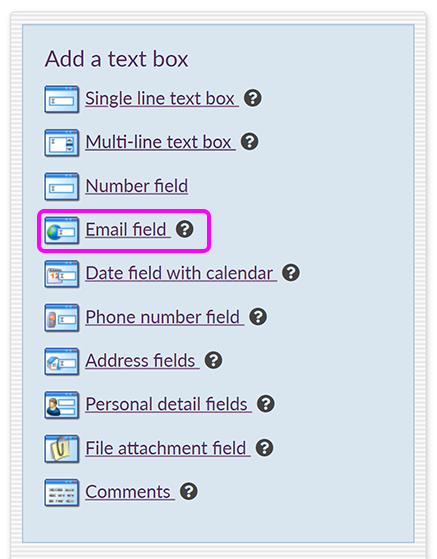 The 'Add text box' menu, with 'Email field' option highlighted