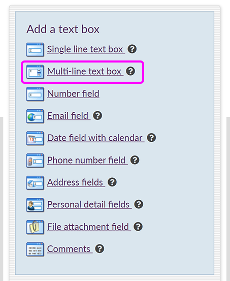 The 'Add a text box' menu, with the 'Multi-line text box' option highlighted