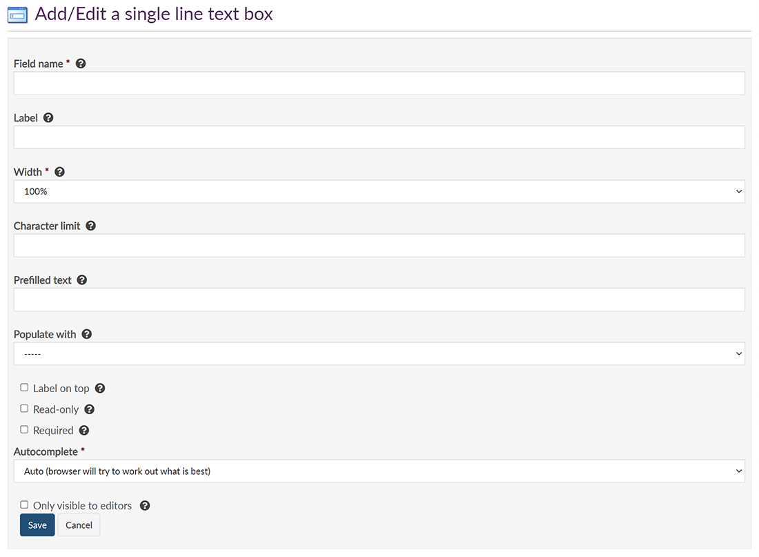 The options for a single line text box