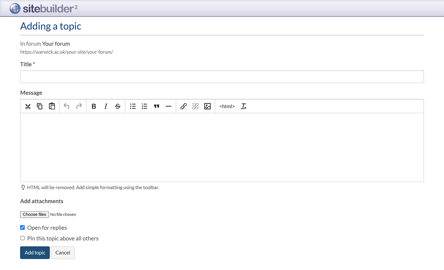 The 'Adding a topic' screen