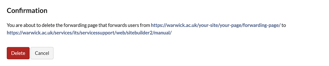 The 'Confirmation' pop-up to delete a forwarding page