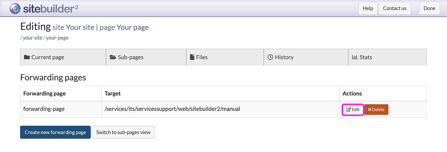 The 'Forwarding pages' screen, with the button to edit a forwarding page highlighted'