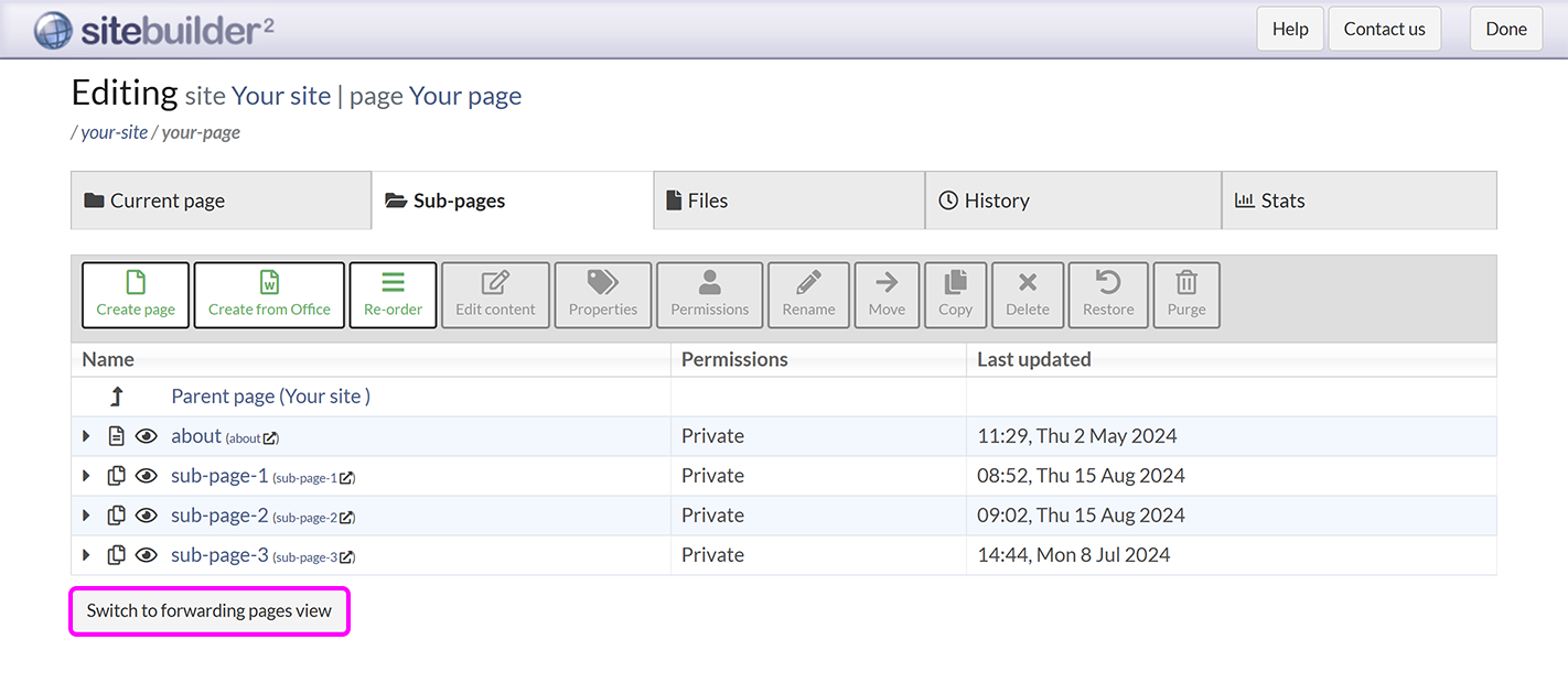 The 'Sub-pages' tab in SiteBuilder, with the 'Switch to forwarding pages view' button highlighted