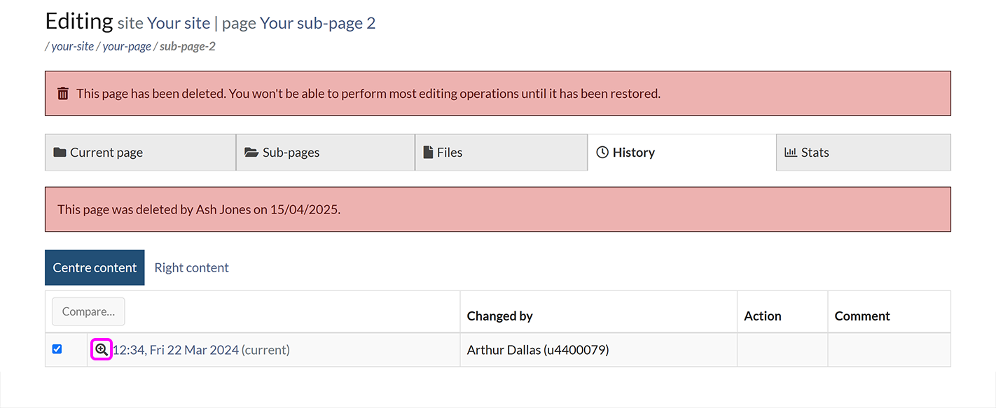 The 'History' tab of a deleted page