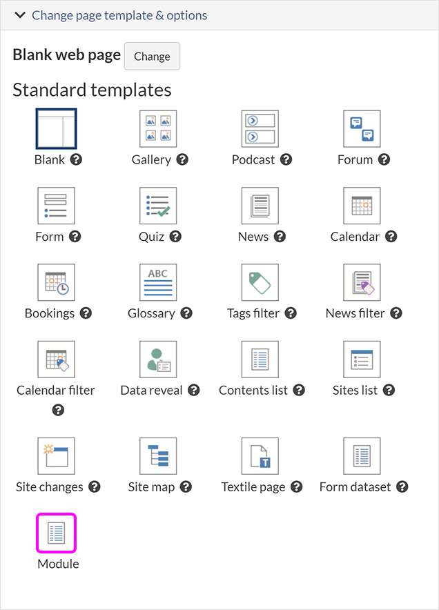 The 'Create new page' screen, with the option to create a Module page highlighted