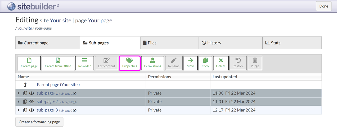 The 'Sub-pages' tab in SiteBuilder, with some pages selected and the 'Properties' button highlighted