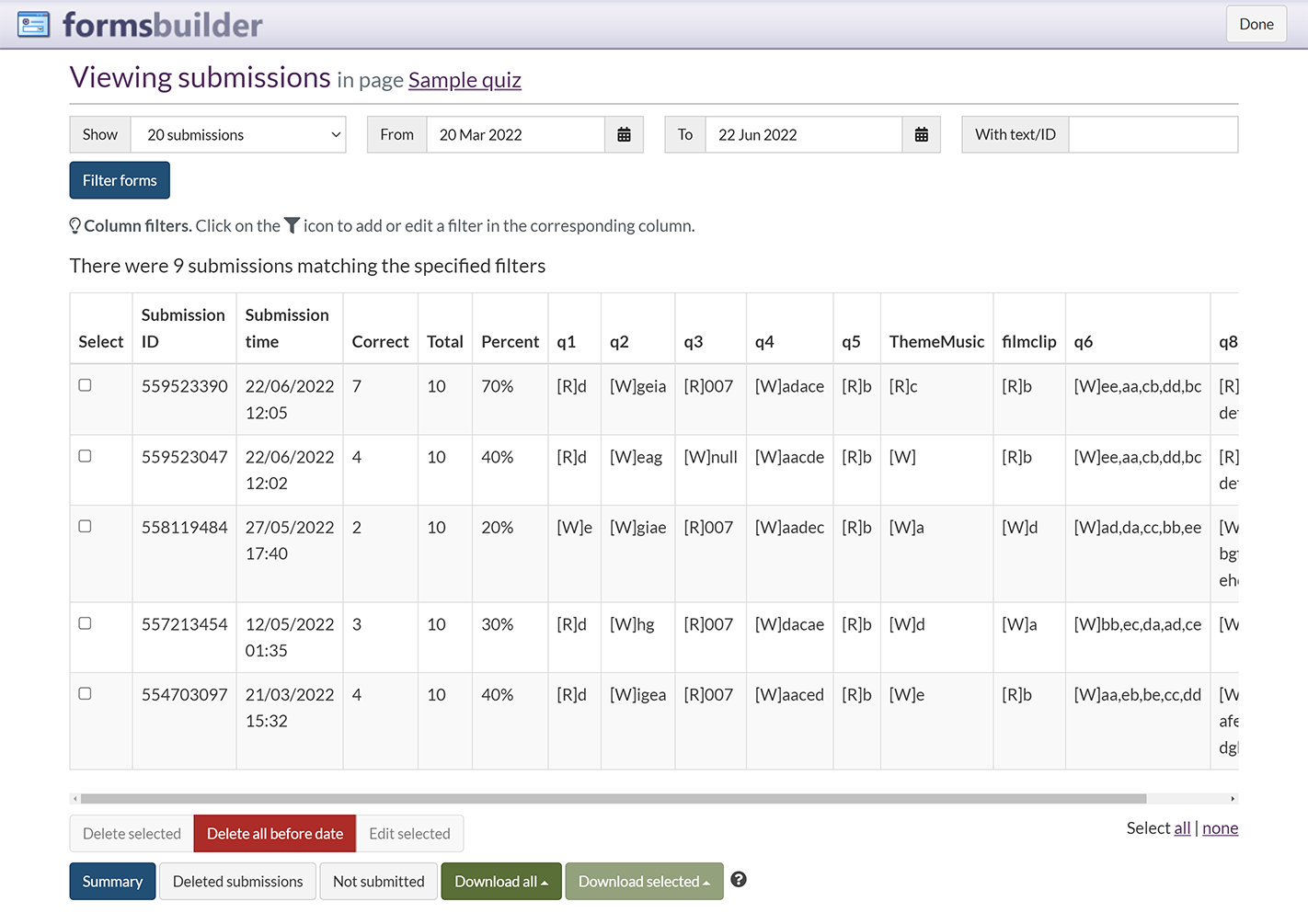 The 'Viewing submissions' screen for a SiteBuilder quiz