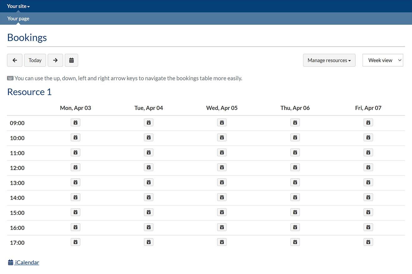 A Resource bookings page with a single resource set to 1-hour slots