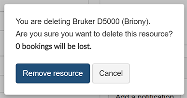 The 'Remove resource' confirmation pop-up