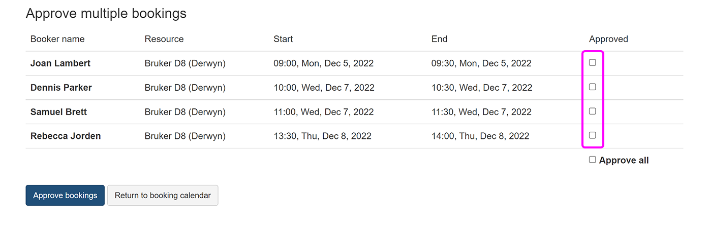 The screen to approve multiple bookings with the 'Approved' checkboxes highlighted