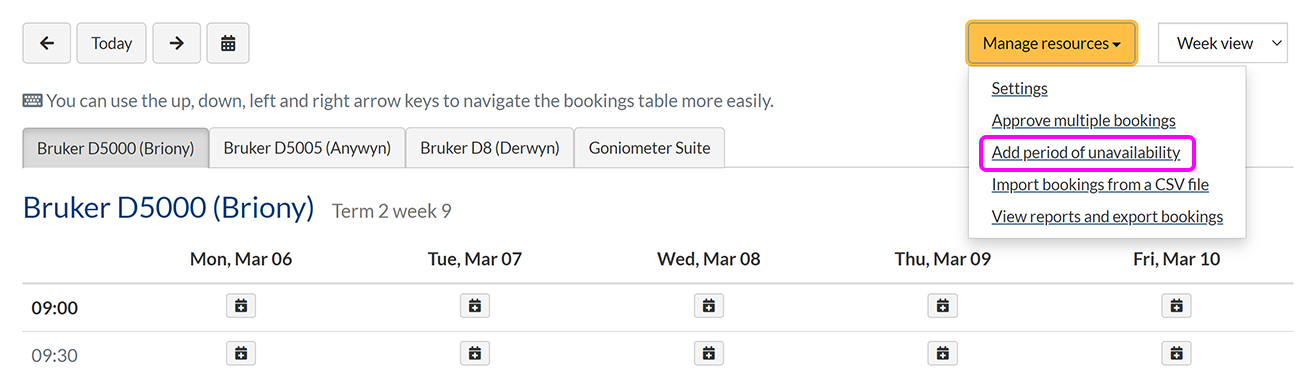 The 'Manage resources' menu with the option to 'Add period of unavailability' highlighted