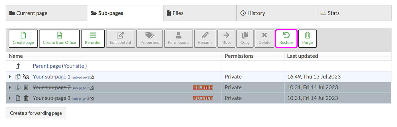 The 'Sub-pages' screen, with pages to be restored selected, and the 'Restore' button highlighted