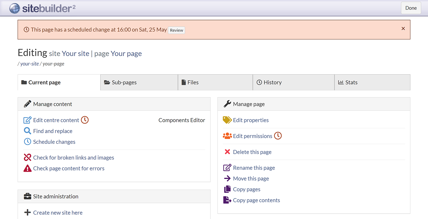 The 'Current page' tab with pending scheduled changes