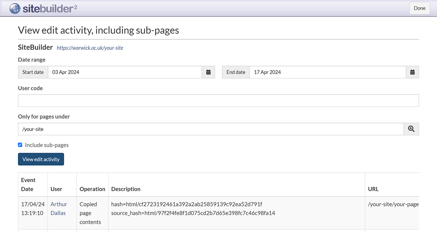 The 'View edit activity, including sub-pages' screen