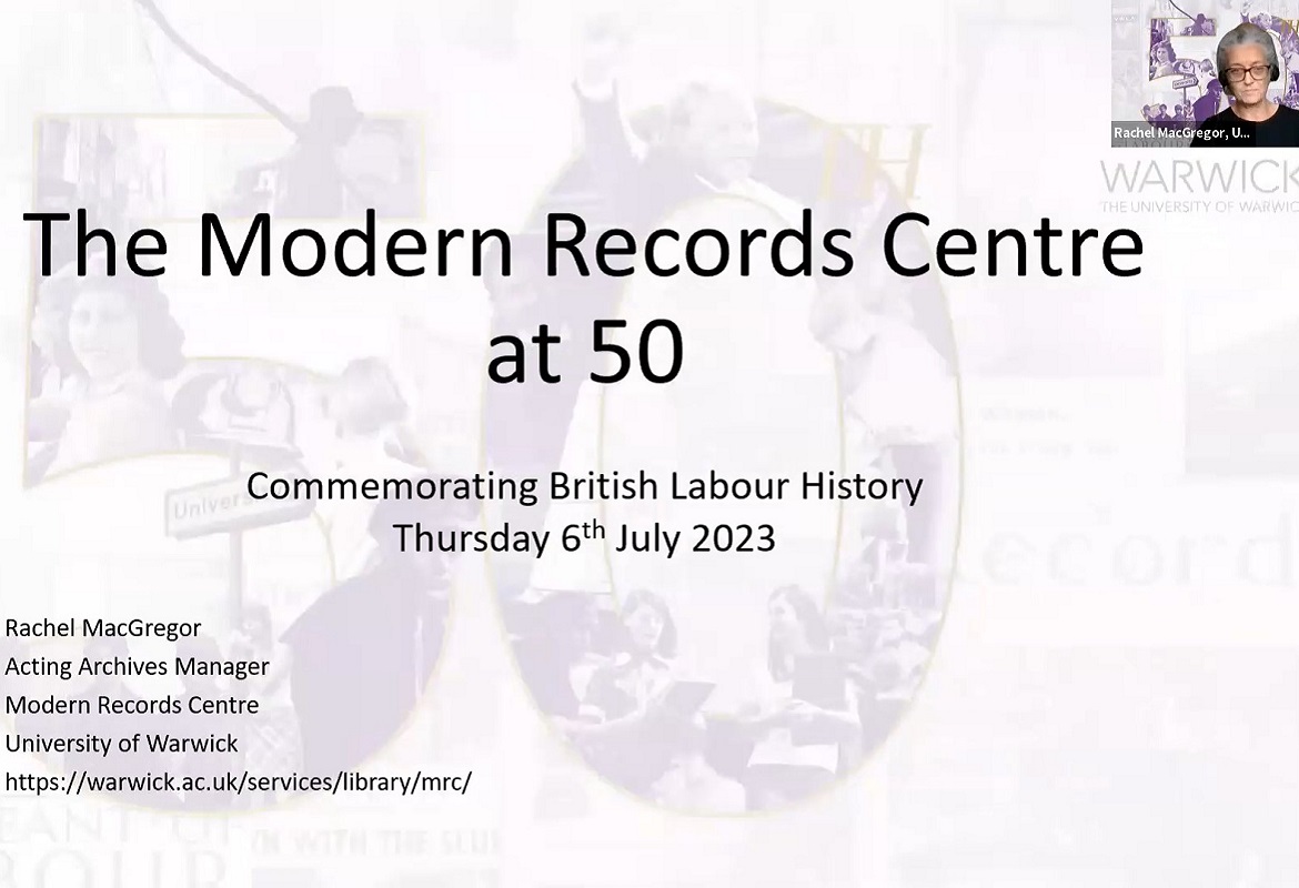 Screenshot from a recording of a talk. It shows an introductory slide for a section on the Modern Records Centre at 50.